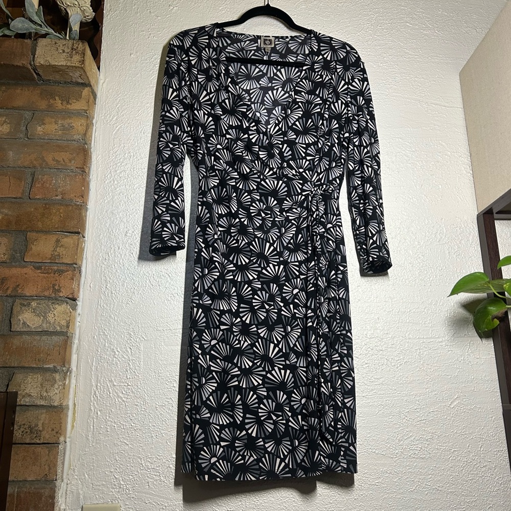 Anne Klein Black & White Geometric Wrap Midi Dress